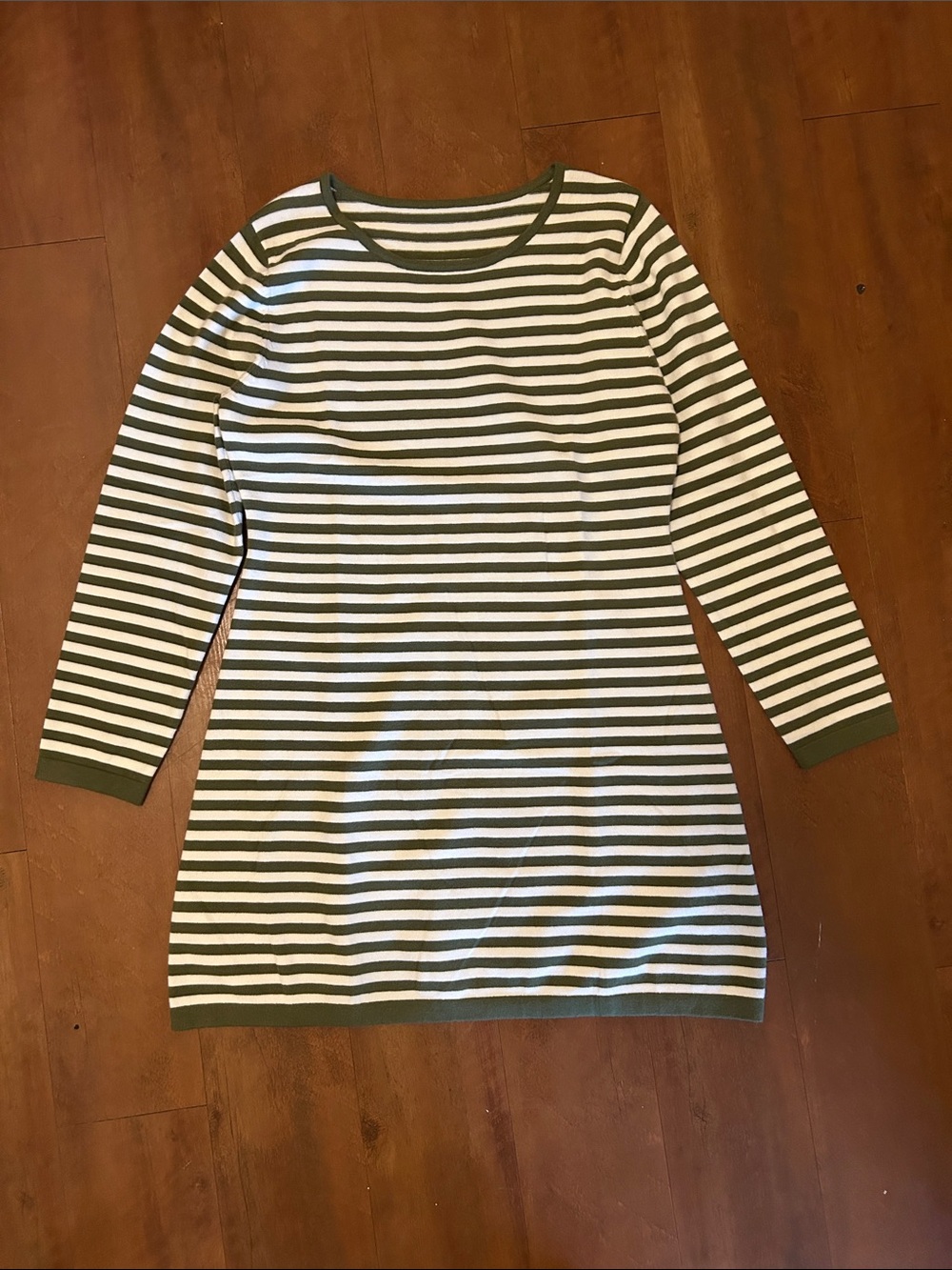 Striped Long-Sleeve Knit Dress - Olive & White
